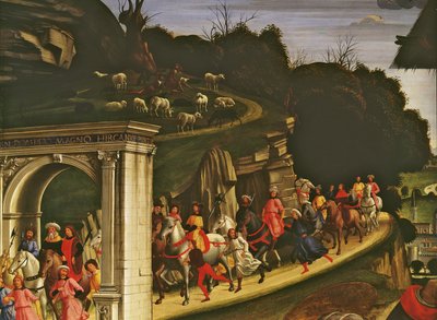 Adoración de los pastores, detalle mostrando la procesión de los Magos, 1485 (detalle) de Domenico Ghirlandaio